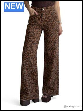 Wide Leg Leopard Print High Waisted Stretchy Women Jeans Baggy